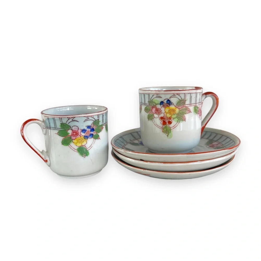Post War Floral Patterned Porcelain Demitasse Teacup Saucer 5pc. Set